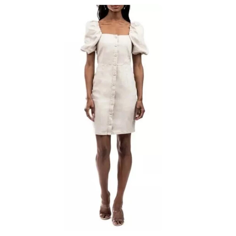 NEW Rachel Parcell Linen Blend Button Front Puff Sleeve Dress Size Medium